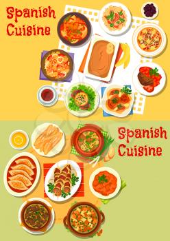 Spanish cuisine icon of seafood paella, ham rice, meat and fish stew with vegetables, baked pork, lamb kidney, liver and chicken, beef steak, sausage and almond soup, cookie churros, banana pudding