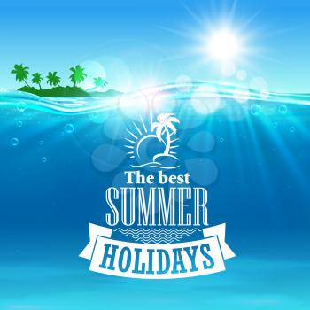 Best summer holidays poster. Tropical ocean seascape with exotic island in summer day, green palms and ribbon banner. Sea travel, summer vacation, tourism design