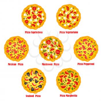 Pizza vector icons set of capricciosa, vegetariana with vegetables, mexicana with pepperoni, chili pepper jalapeno and mushrooms, seafood and margherita. Vector isolated emblems set for pizzeria or fa