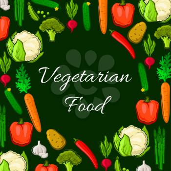 Farm vegetables poster of veggies harvest cauliflower and broccoli cabbage, chili and bell pepper, radish and carrot, potato and cucumber, asparagus, garlic and green peas. Vector vegetarian organic h
