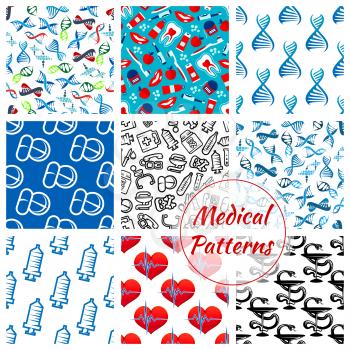 Medical seamless patterns set of of medicines and medication items heart pulse, DNA helix and syringe, thermometer, dentistry items tooth paste, brush and apple, pills and drugs, apple and doctor stet
