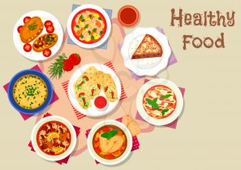 Healthy food with dessert for lunch icon of chicken cheese rolls, tomato soup with bean, chicken vegetable stew, baked potato with meat, beef carpaccio, bread pie with nut, tripe and pearl barley soup
