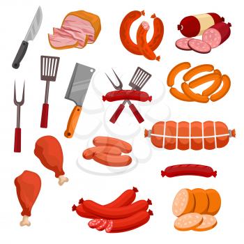 Meat and sausages vector icons. Butchery or butcher shop meat food products and delicatessen. Isolated grilled chicken legs and sliced pork bacon, beef ham and meaty wurst sausages, salami and smoked 