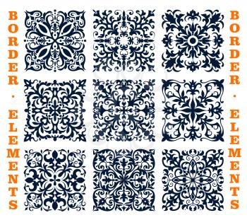 Vector tiles and borders of damask floral brocade ornament. Vector flourish frames elements of ornate baroque flowery embellishment motif and tracery. Luxury mosaic flowers adornment for interior desi