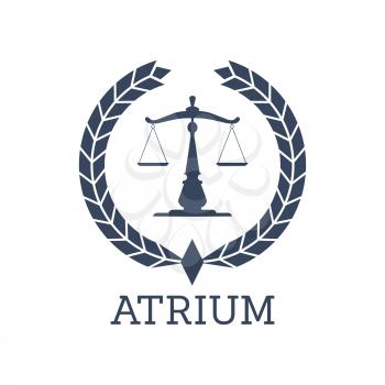 Juridical or legal center or company icon. Atrium emblem with Scales of Justice symbol and heraldic laurel wreath. Vector badge for advocate office, law attorney or lawyer, advocacy and rights service
