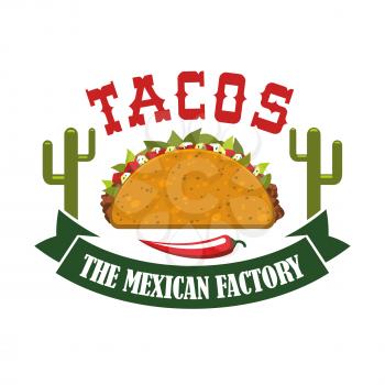 Tacos restaurant icon with spicy red chili pepper jalapeno and agave or cactus peyote. Mexican fast food tortilla snack vector isolated emblem, symbol or sign for tacos takeaway menu or delivery