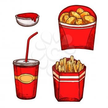 Fast food snacks and drinks. Vector isolated sketch icons of crispy chicken nuggets, fried french fries in red paper box and soda drink in cup with drinking straw and ketchup sauce in bowl. Design for