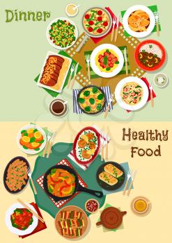 Hearty dishes of dinner menu icon set with grilled meat and vegetable, shrimp and veggies salad, baked chicken, beef and pork, meat tomato pasta, beef curry, mushroom polenta, fried salmon and perch