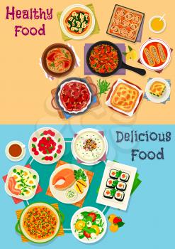 Healthy food icon set of vegetable salad with cheese, egg and ham, chicken and vegetable pies, sushi roll, salmon steak, meat stew and paella, mushroom cream soup, cheesecake, pumpkin omelette