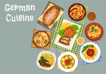 German cuisine dinner icon of cabbage and sauerkraut dishes with sausage and pork hock, potato salad with bacon, salmon pie, sweet bread with dried fruit and spices, liver baked with apple