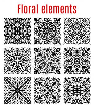 Floral tiles and flourish ornament borders of damask or flowery vector elements. Vector baroque ornamental mosaic pattern frames of luxury embellishment motif and tracery for interior design