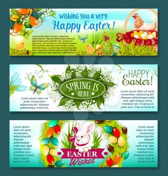 Easter spring holiday banner set. Easter egg in green grass, egg hunt basket, rabbit bunny with ribbon, chicken, chick, Easter wreath with painted eggs, flowers of lily and tulip, flying butterflies