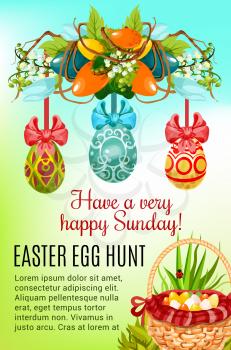 Easter egg hunt festive poster. Easter egg hunt basket on green grass and painted Easter egg with ribbon bow hanging on floral wreath with spring flowers and decorated eggs for greeting card design