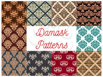 Damask floral backgrounds set. Vector flowery seamless decoration of ornate decorative flowers with flourish luxury ornament, flowery motif tiles