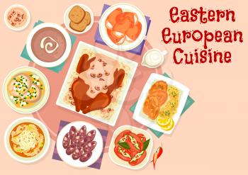 Eastern european cuisine festive dishes icon of sausages stuffed with pickles, fried and boiled fish, beef tripe soup, baked duck with mushroom sauce, rye bread soup, pork head cheese, bun with cheese