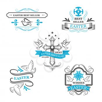 Easter sale label ribbons and discount icons set of crucifix cross, dove birds and ornate banners. Vector holiday promo shopping tag templates with greeting wishes on ornate blue design