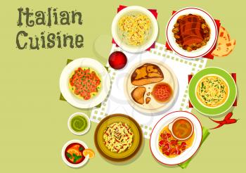 Italian cuisine icon of pasta with salami and pesto sauce, crab pasta nests, spaghetti with cheese and garlic, meat bread with chilli, vegetable beef salad, beef carpaccio on bread, baked meat roll