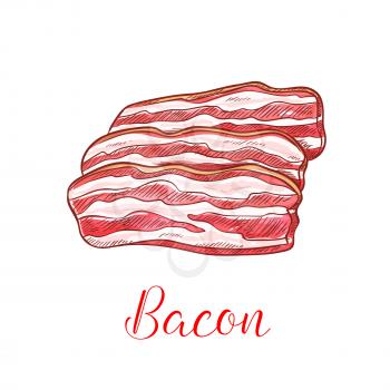 Bacon strip isolated sketch. Smoked pork belly meat thin slices for breakfast menu, butcher shop or bbq party design