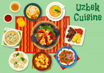 Uzbek cuisine dinner dishes icon of duck kebab, noodle lamb soup lagman, meat dumpling, beef vegetable stew, meat with onion sauce and noodles, chicken pumpkin soup, lamb onion soup, quince with nut