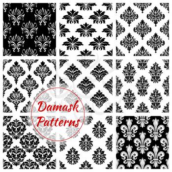 Floral Damask seamless patterns set of vector flowery tracery and flourish ornate adornment. Royal luxury ornamental flowers and vintage baroque motif ornaments for interior decor design tiles and bac