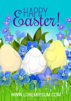 Happy Easter poster of paschal eggs in spring crocuses flowers bunch on green meadow grass. Vector springtime holiday greeting card design template for Happy Easter Holy Week religion celebration