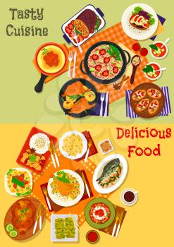 World cuisine popular dinner dishes icon set with italian pasta and pepper bruschetta, spanish tomato soup, seafood rice and vegetable salad, fried chicken, japanese vegetable and beef stew
