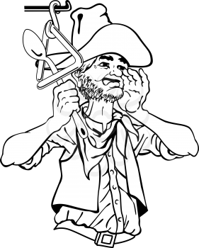 Royalty Free Clipart Image of a Cowboy Cook Ringing a Triangle With a Spoon