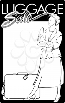 Royalty Free Clipart Image of a Woman and a Suitcase on a Luggage Sale Promo