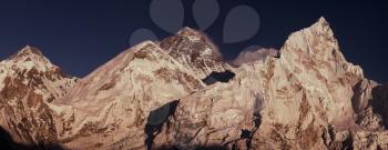 Everest Summit panoramic view with Lhotse and Nuptse peaks during sunset. Large resolution 