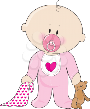 Royalty Free Clipart Image of a Baby Girl With a Soother, Blanket and Teddy Bear