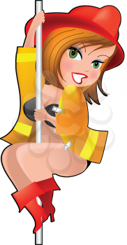 Royalty Free Clipart Image of a Pinup Firefighter Girl Sliding Down a Pole