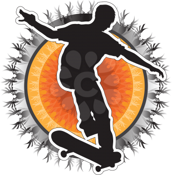 Royalty Free Clipart Image of a Silhouette of a Skater on a Tribal Circle