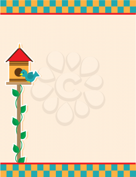 A background of a birdhouse and blue colored bird, atop a vine covered pole; includes a checkered header and footer.