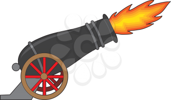 A black cannon attached to a wheeled carriage, belches fire from it's muzzle.