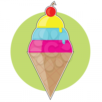A colorful ice cream cone with three scoops and a cherryon top. This could also be sorbet,sherbert or gelato