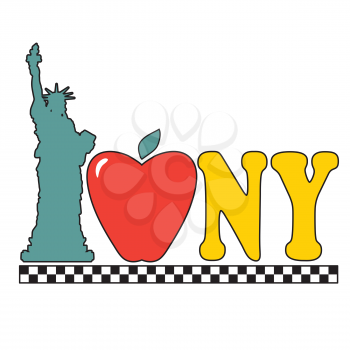 A graphic with the Statue of Liberty an apple and the New York City taxi checkers pattern
