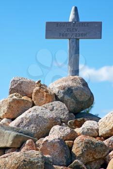 Elevation marker on the hiking trail in Acadia National Park, Maine.