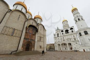 MOSCOW, RUSSIA - APRIL 8, 2015: Views of the territory of the Moscow Kremlin on April 8, 2015. The Kremlin is a fortified complex at the heart of Moscow, overlooking the Moskva River to the south, Sai