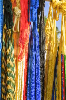 Colorful hand-made hammocks for sale at the artisanal market.