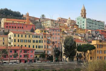 Colorful houses in old town of Ventimiglia (A small town near the border with France on the Italian Riviera), Provincia di Imperia, Liguria, Italy