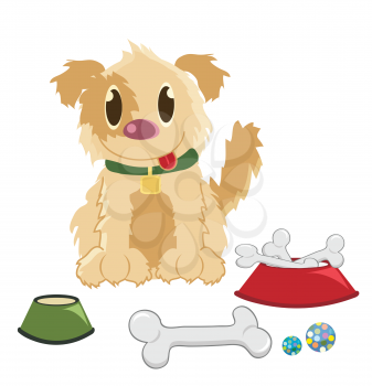 Royalty Free Clipart Image of a Dog With Bones and Toys