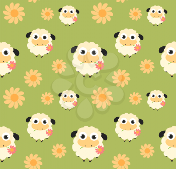 Seamless pattern with flat sheep on green background