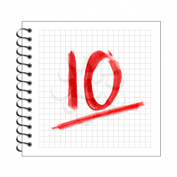Doodle 10 anniversary chalk mark on spiral notebook page isolated on white background