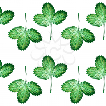 Seamless pattern with engraved strawberry leaves on white background