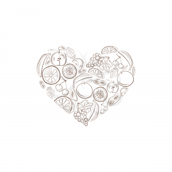Hand drawn illustration with heart shape fruits symbol isolated on white background