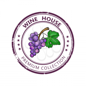 Label stamp with wine collection and colored grape isolated on white background