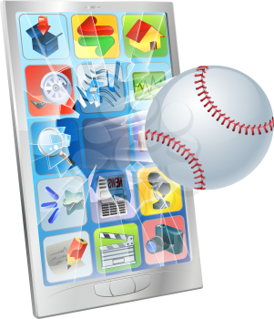 Illustration of a baseball ball flying out of a broken cell phone screen