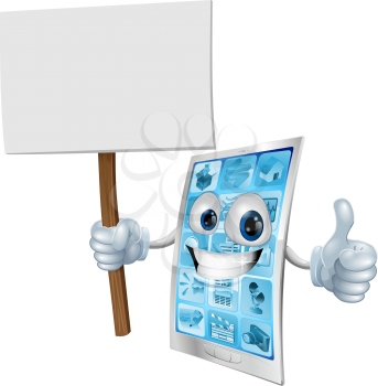 Mobile phone mascot character holding a sign post illustration
