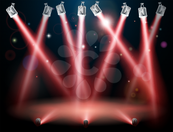 A red spotlight background concept with lots of lights like spotlights in a light show or during a dramatic theatre stage performance
