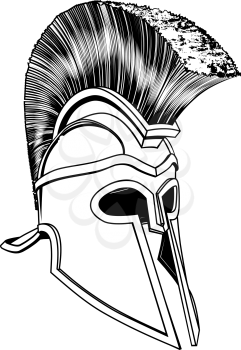 Monochrome illustration of a bronze Corinthian or Spartan helmet like those used in ancient Greece or Rome